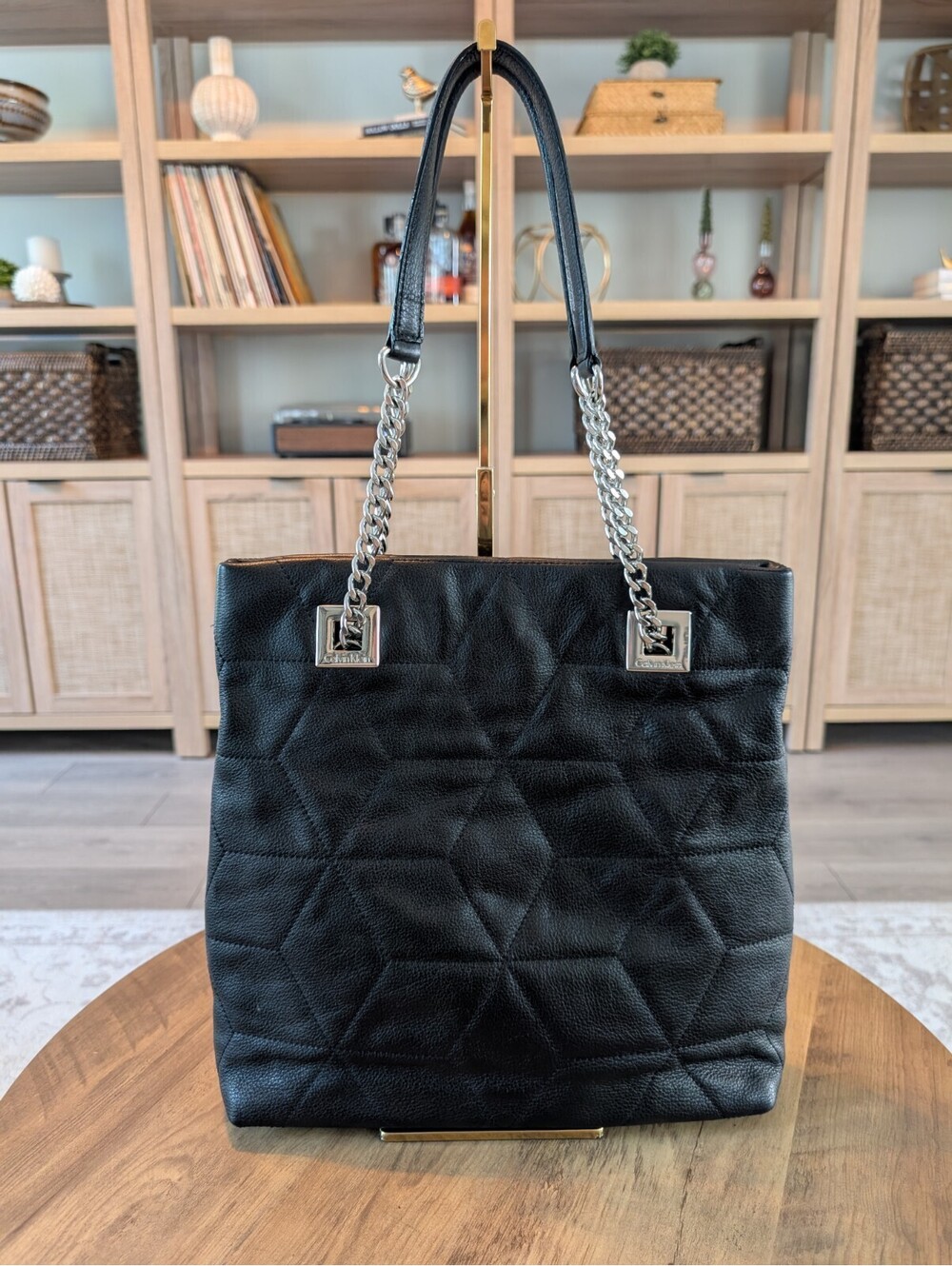 Calvin Klein Black Genuine Leather Geometric Quilted Chain Tote Shoulder Bag